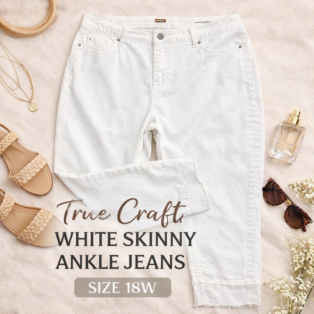 TRUE CRAFT Women’s Plus Size Skinny Ankle Jeans White Distressed Raw Hem 18W